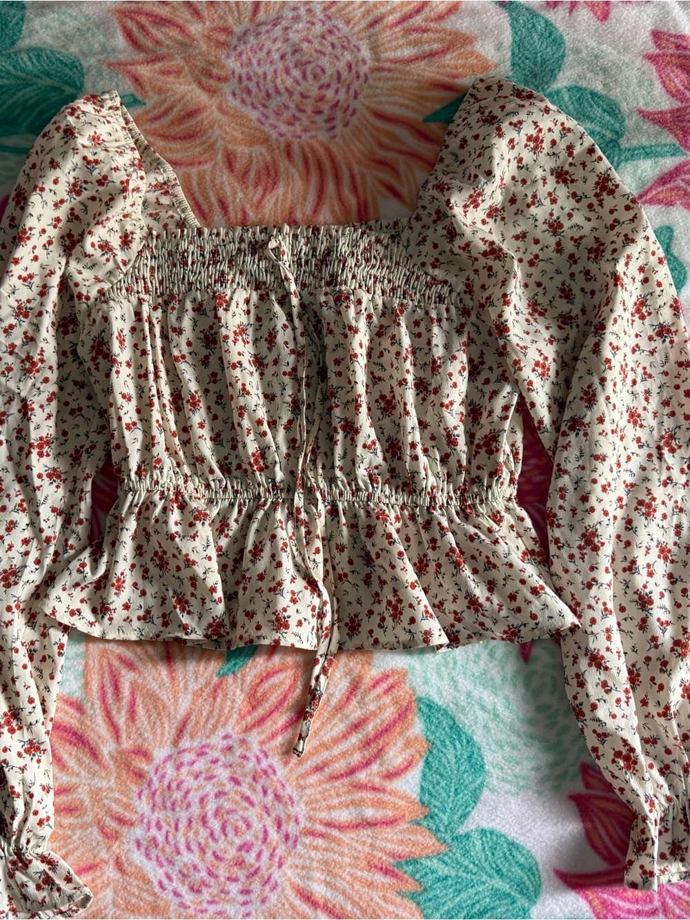 Floral Smocked Peplum Blouse - Cream with Red Floral